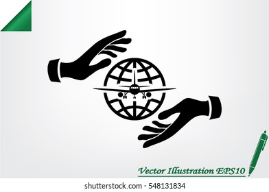 Aircraft, globe and hands icon vector illustration eps10