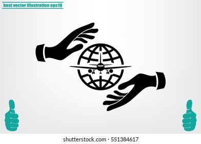 Aircraft, globe and hands icon vector illustration.