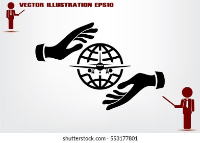Aircraft, globe and hands icon vector illustration eps10