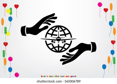Aircraft, globe and hands icon vector illustration.
