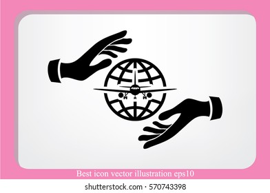 Aircraft, globe and hands icon vector illustration eps10