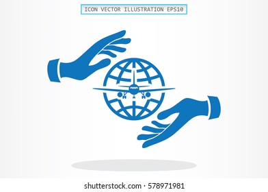 Aircraft, globe and hands icon vector illustration.