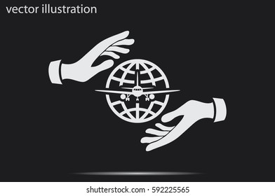 Aircraft, globe and hands icon vector illustration.