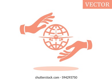 Aircraft, globe and hands icon vector illustration.