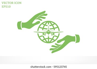 Aircraft, globe and hands icon vector illustration.