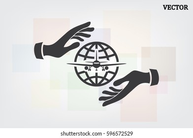 Aircraft, globe and hands icon vector illustration eps10