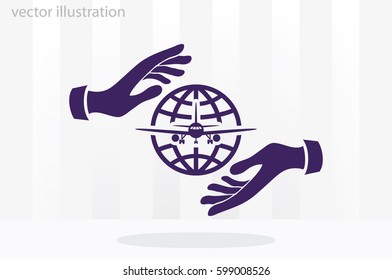 Aircraft, globe and hands icon vector illustration eps10