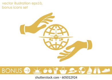 Aircraft, globe and hands icon vector illustration eps10