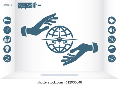 Aircraft, globe and hands icon vector illustration eps10