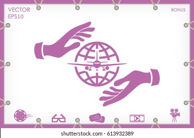 Aircraft, globe and hands icon vector illustration eps10