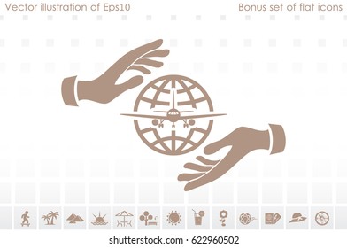 Aircraft, globe and hands icon vector illustration eps10