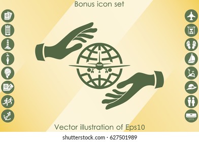 Aircraft, globe and hands icon vector illustration eps10