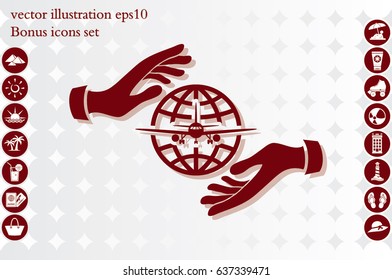 Aircraft, globe and hands icon vector illustration eps10
