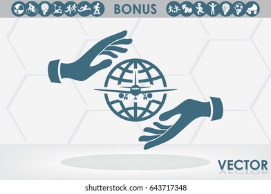 Aircraft, globe and hands icon vector illustration eps10