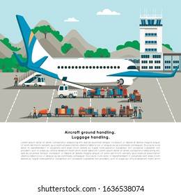 Aircraft ground handling. Luggage handling by means of baggage carts. Landing a passenger plane. Flat modern style.