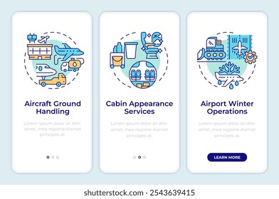 Aeronave de asistencia en tierra a bordo de pantalla de App móvil. Instrucciones gráficas editables de 3 pasos con conceptos lineales. PLANTILLA UI, UX, GUI