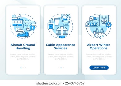 Pantalla de App móvil de embarque azul de servicio terrestre de la aeronave. Instrucciones gráficas editables de 3 pasos con conceptos lineales. PLANTILLA UI, UX, GUI