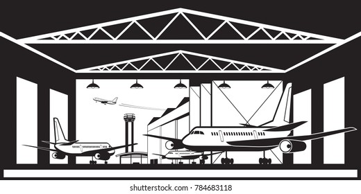 Aircraft hangar at airport - vector illustration