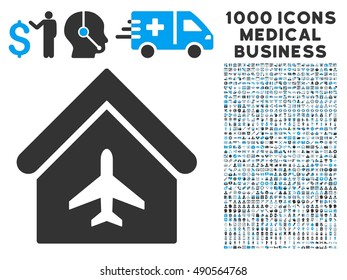 Aircraft Hangar icon with 1000 medical commerce gray and blue vector pictograms. Set style is flat bicolor symbols, white background.