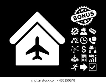 Aircraft Hangar icon with bonus elements. Vector illustration style is flat iconic symbols, white color, black background.