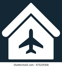 Aircraft Hangar icon. Vector style is flat iconic symbol, white color, dark blue background.