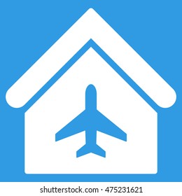 Aircraft Hangar icon. Vector style is flat iconic symbol, white color, blue background.