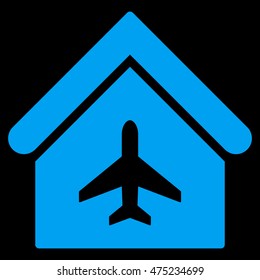 Aircraft Hangar icon. Vector style is flat iconic symbol, blue color, black background.