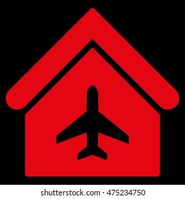Aircraft Hangar icon. Vector style is flat iconic symbol, red color, black background.