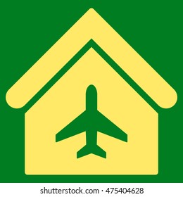 Aircraft Hangar icon. Vector style is flat iconic symbol, yellow color, green background.