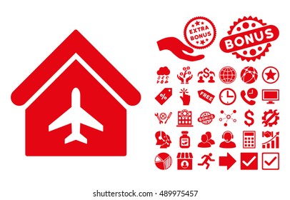 Aircraft Hangar pictograph with bonus elements. Vector illustration style is flat iconic symbols, red color, white background.