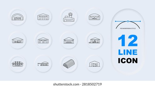 Aircraft hangar set icon. Aviation terminal, storage shelter, runway facility, maintenance warehouse, airplane depot, transportation structure, industrial aerodrome buildings