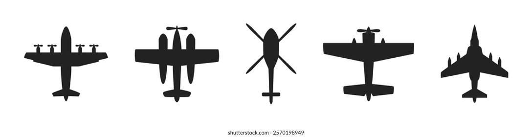 Aircraft and Helicopter Flat Vector Silhouette Icons