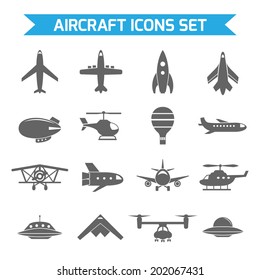 Aircraft helicopter military aviation airplane black icons set isolated vector illustration