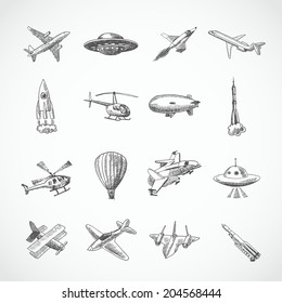 Aircraft helicopter military aviation airplane sketch icons set isolated vector illustration