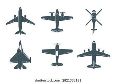 Aircraft and helicopter
 vector silhouettes set with commercial and military airplanes top view