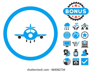 Aircraft icon with bonus elements. Vector illustration style is flat iconic bicolor symbols, blue and gray colors, white background.