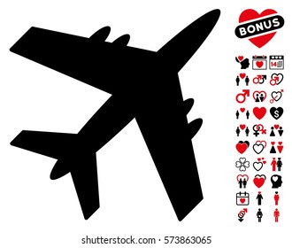 Aircraft icon with bonus lovely pictures. Vector illustration style is flat iconic intensive red and black symbols on white background.