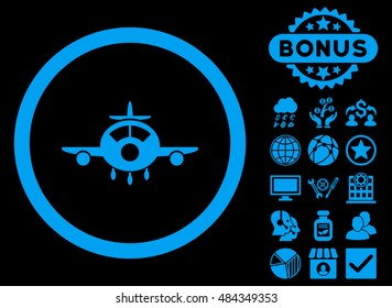 Aircraft icon with bonus symbols. Vector illustration style is flat iconic symbols, blue color, black background.