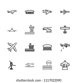 Aircraft icon. collection of 16 aircraft outline icons such as helicopter, airport, plane, luggage compartment in airplane. editable aircraft icons for web and mobile.