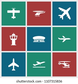 Aircraft icon. collection of 9 aircraft filled icons such as plane, plane taking off, airport, helicopter, airport tower. editable aircraft icons for web and mobile.