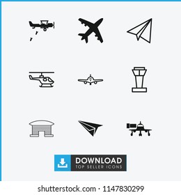 Aircraft icon. collection of 9 aircraft filled and outline icons such as plane, military plane, airport tower, paper airplane. editable aircraft icons for web and mobile.