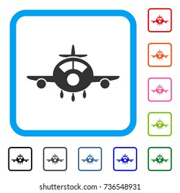 Aircraft icon. Flat gray pictogram symbol inside a light blue rounded rectangle. Black, gray, green, blue, red, orange color additional versions of Aircraft vector.