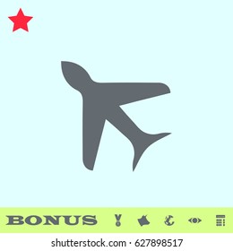 Aircraft icon flat. Grey pictogram on blue background. Vector illustration symbol and bonus buttons medal, cow, earth, eye, calculator