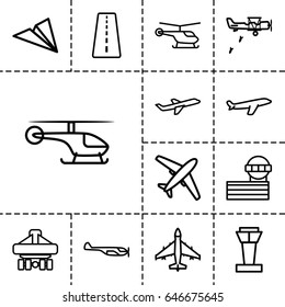 Aircraft icon. set of 13 outline aircraft icons such as airport tower, runway, helicopter, plane