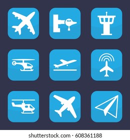 Aircraft icon. set of 9 filled aircraft icons such as plane, plane taking off, jetway, airport tower, paper airplane