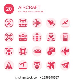 aircraft icon set. Collection of 20 filled aircraft icons included Drone, Airplane, Landing, Transport, Pilot, Boarding pass, Send, Sending, Paper plane, Departures, Aviation