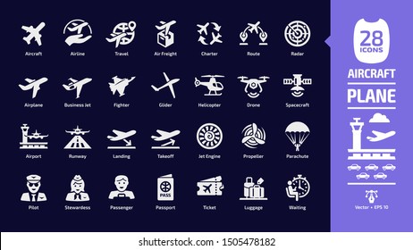 Aircraft icon set in dark mode with flight plane glyph symbols: airplane, airport, runway, landing, takeoff, jet engine, propeller, parachute, pilot, stewardess, passenger, passport & ticket. 