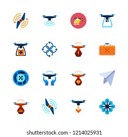 aircraft icon set. vector set about helicopter, drone, airscrew and drone case icons set.