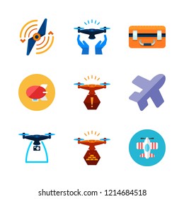 aircraft icon set. vector set about zeppelin, drone case, airplane and airscrew icons set.