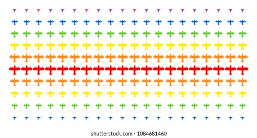 Aircraft icon spectral halftone pattern. Vector items organized into halftone matrix with vertical rainbow colors gradient. Constructed for backgrounds, covers, templates and abstract compositions.